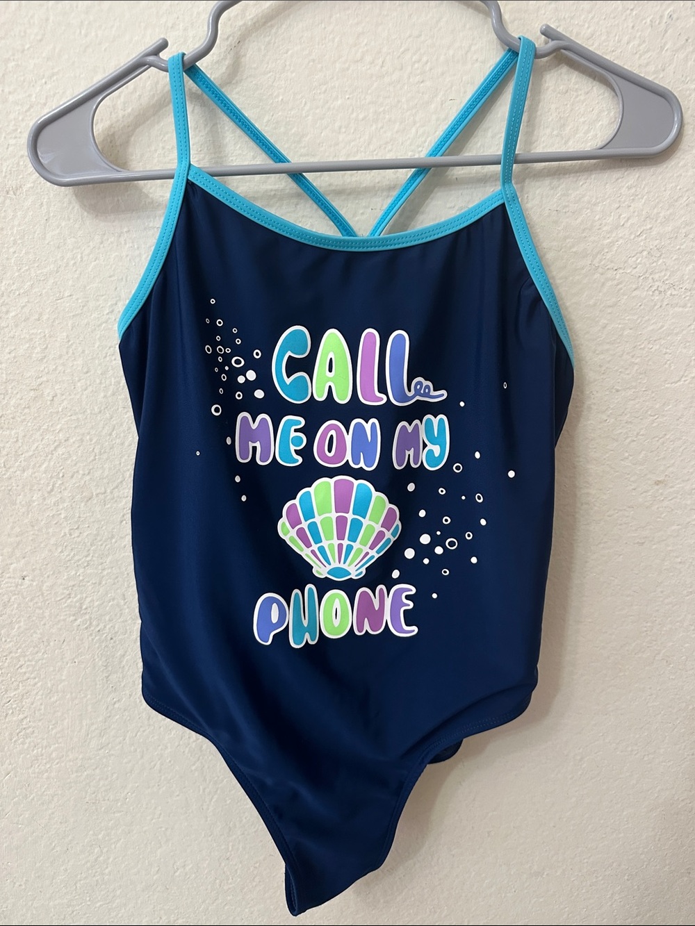 Girls' Navy Blue One-Piece Swimsuit with Aqua Trim - 'Call Me On My Phone'